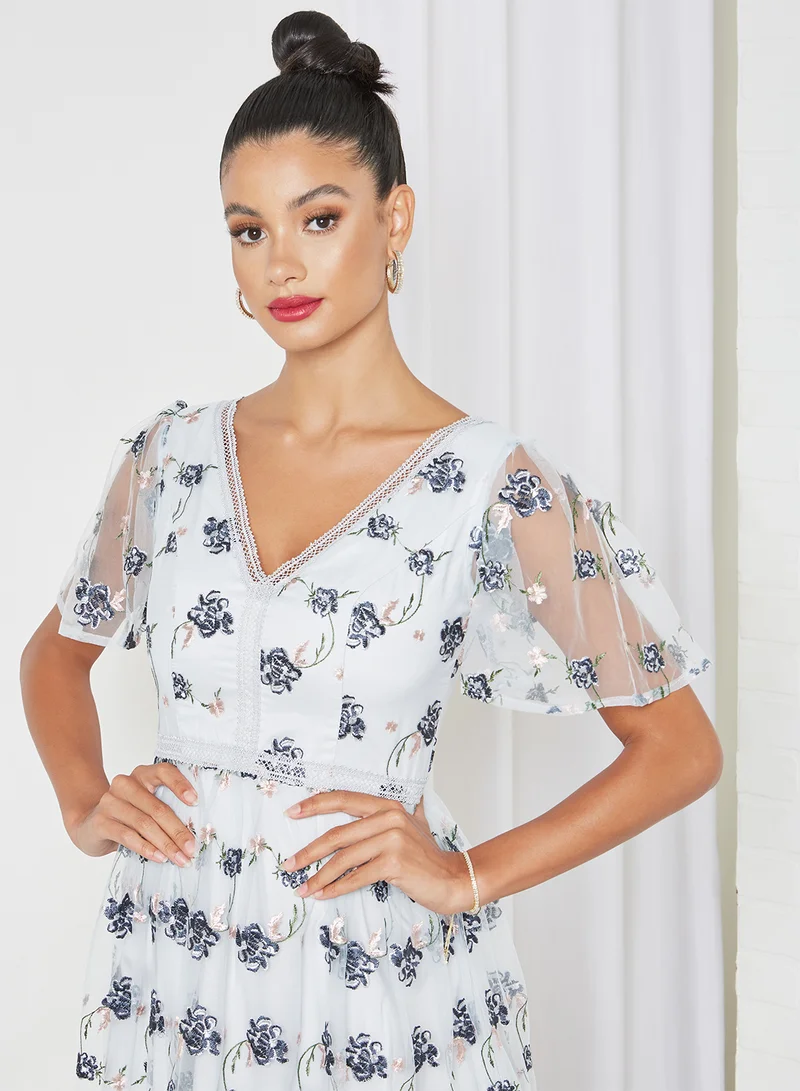 Chi-Chi London Embroidered Floral Lace Detail Dress Blue/White