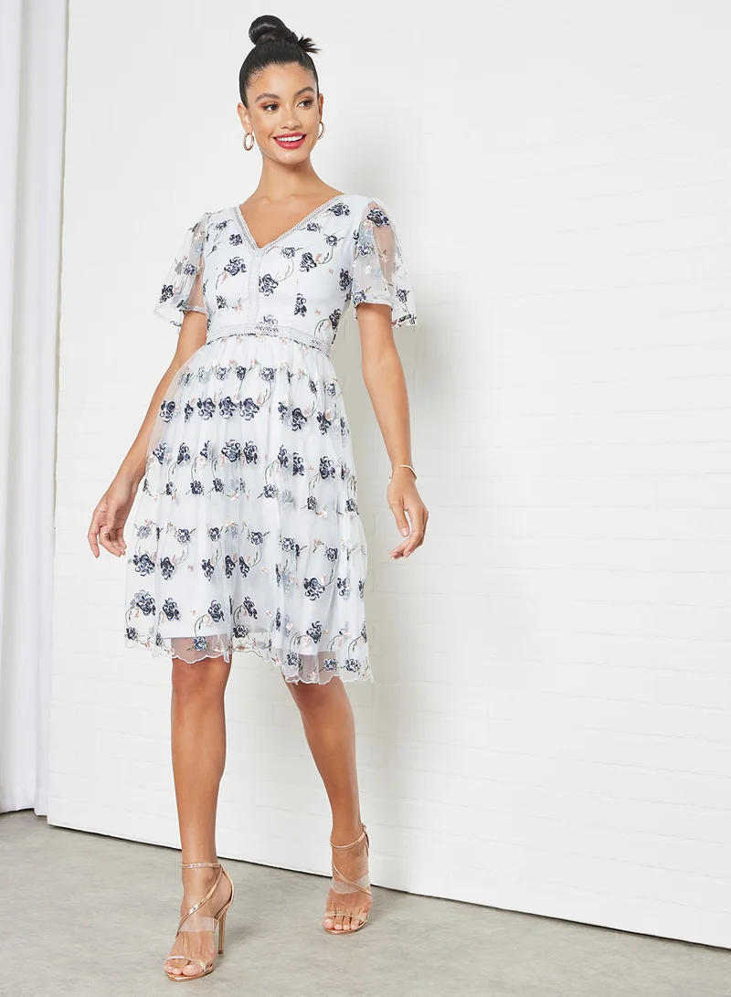 Chi-Chi London Embroidered Floral Lace Detail Dress Blue/White