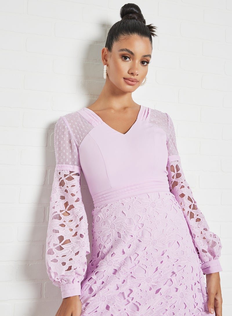 Chi-Chi London Lace Detail Balloon Sleeve Dress Lilac  - Image 4