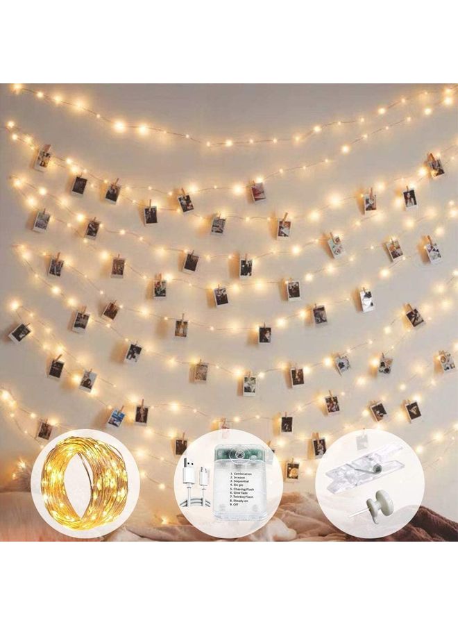 شو وو شريط إضاءة من 100 مصباح LED بـ 8 أوضاع للعرض يعمل بالبطارية ووصلة USB مع 50 مشبك لتعليق الصور أبيض دافئ - Image 1