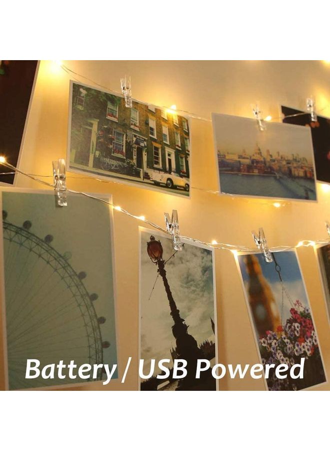 شو وو شريط إضاءة من 100 مصباح LED بـ 8 أوضاع للعرض يعمل بالبطارية ووصلة USB مع 50 مشبك لتعليق الصور أبيض دافئ - Image 2