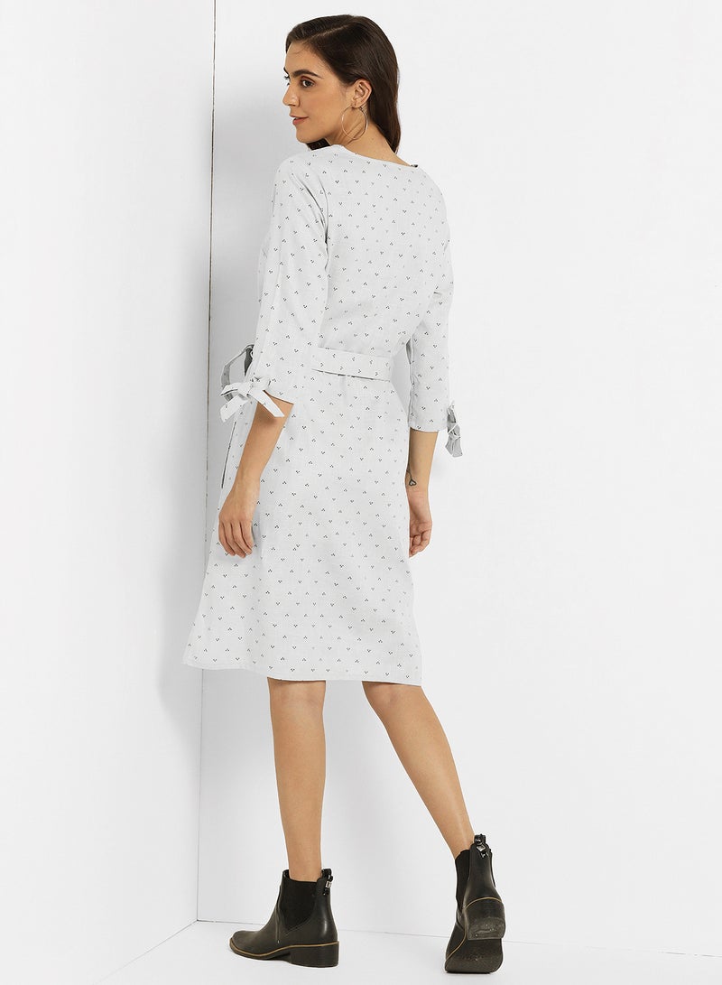 ABOF - Tie Up Waist Printed Dress Grey - Image 1
