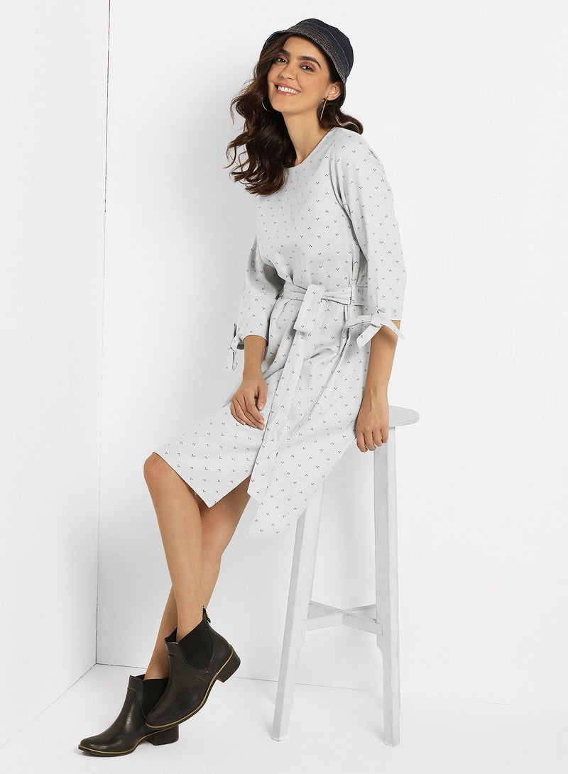 ABOF - Tie Up Waist Printed Dress Grey - Image 1