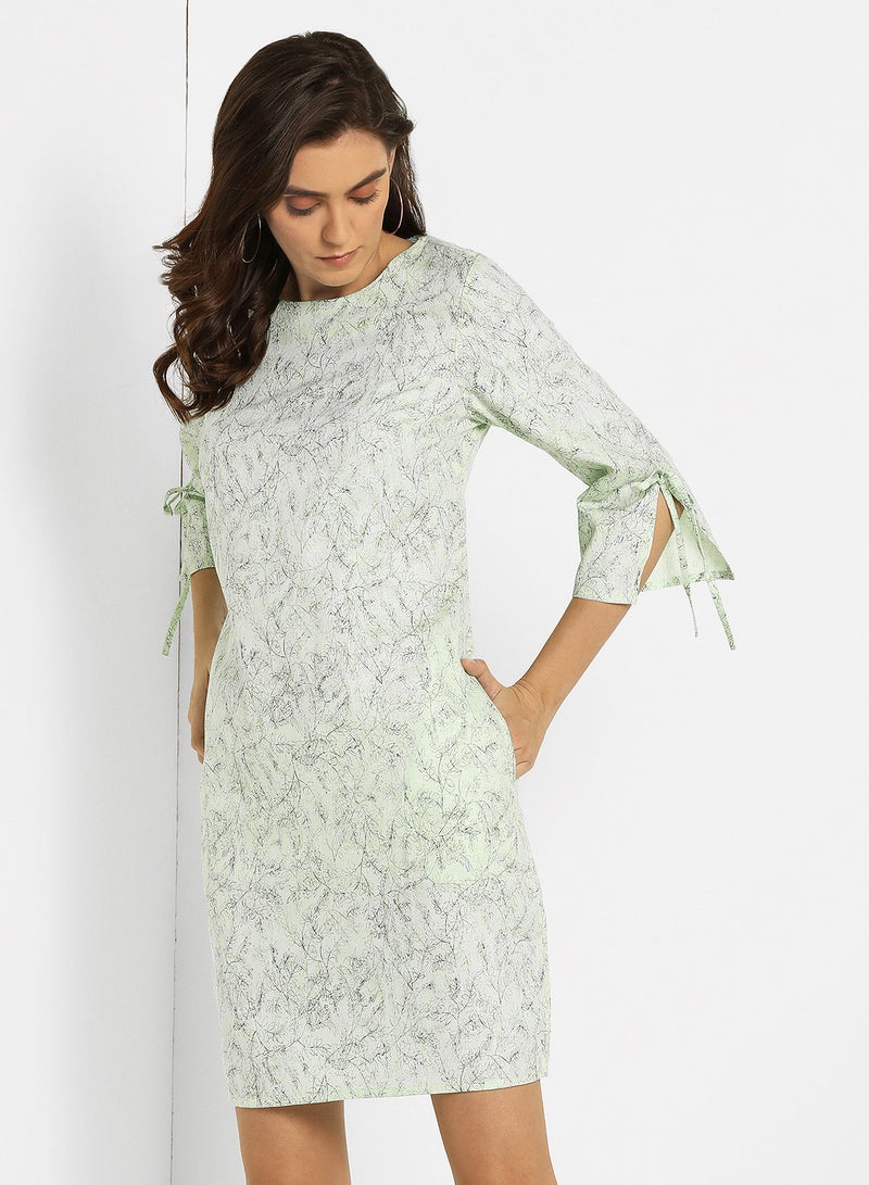 ABOF Printed Round Neck Mini Dress Light Green  - Image 1