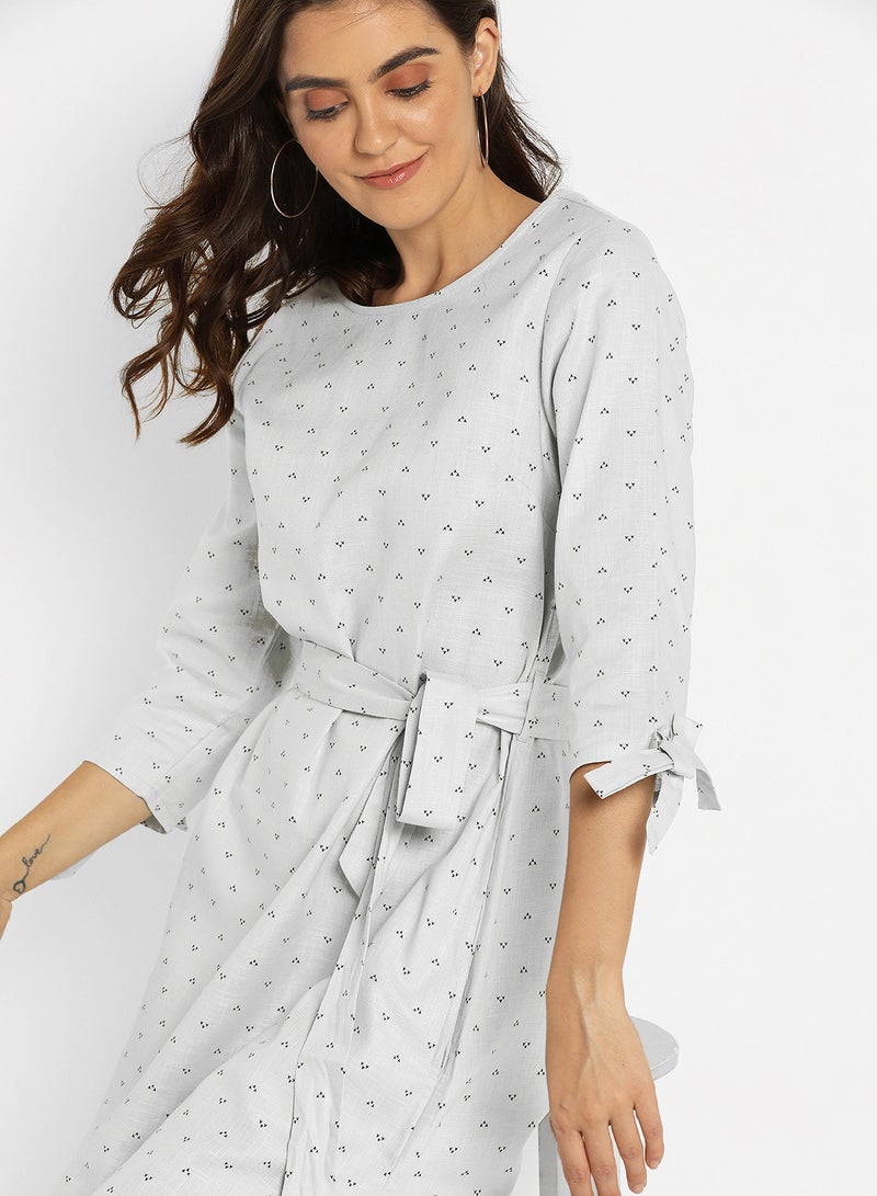 ABOF - Tie Up Waist Printed Dress Grey - Image 1