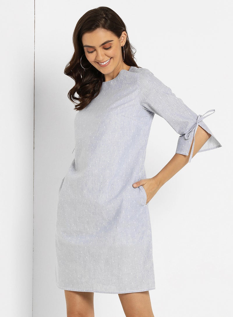 ABOF Cuff Tie Up Printed Shift Dress Light Blue - Image 1