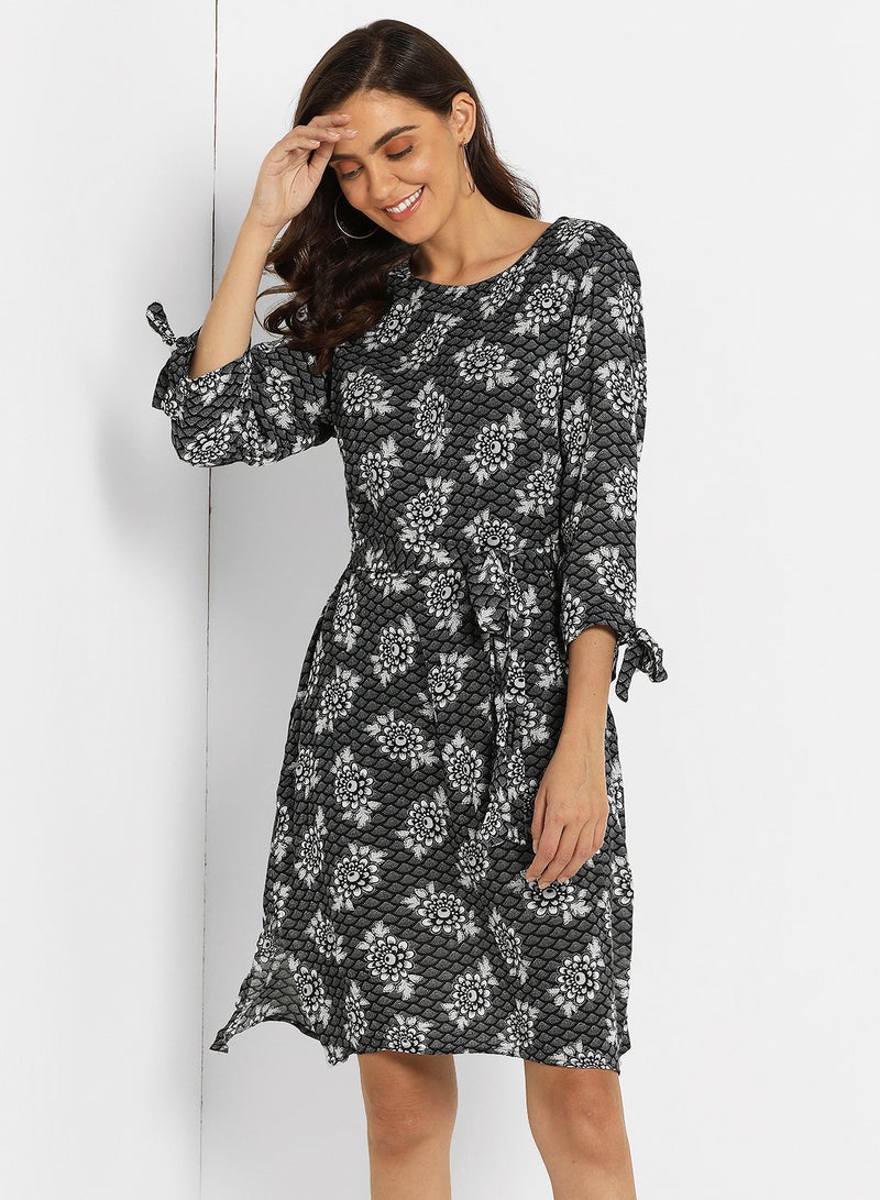 ABOF Tie Up Printed Mini Dress Black/White  - Image 1
