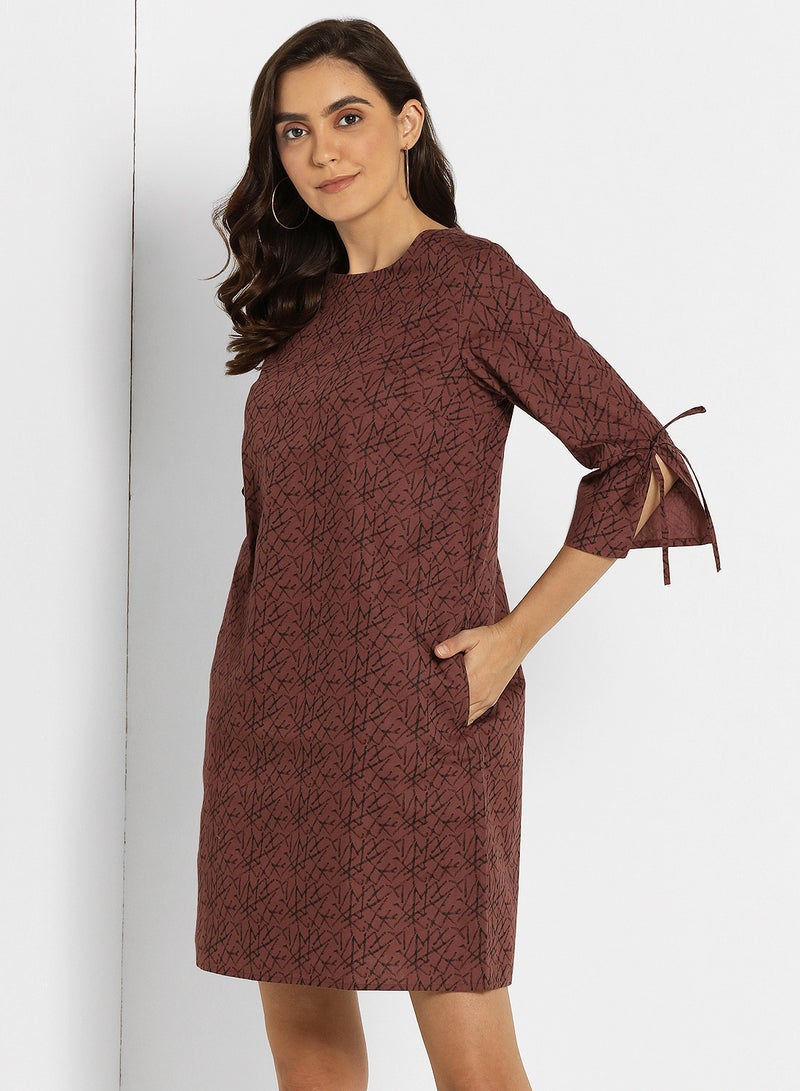 ABOF Cuff Tie Up Printed Shift Dress Brown - Image 1