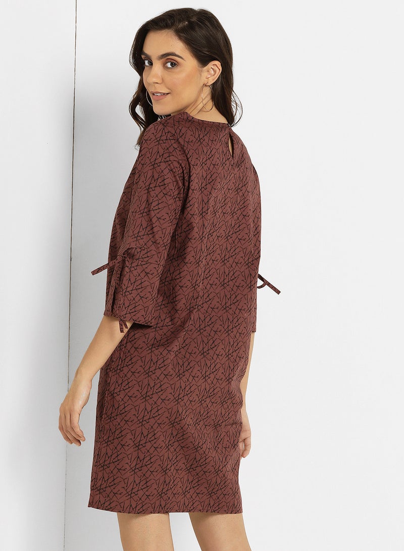 ABOF Cuff Tie Up Printed Shift Dress Brown - Image 2