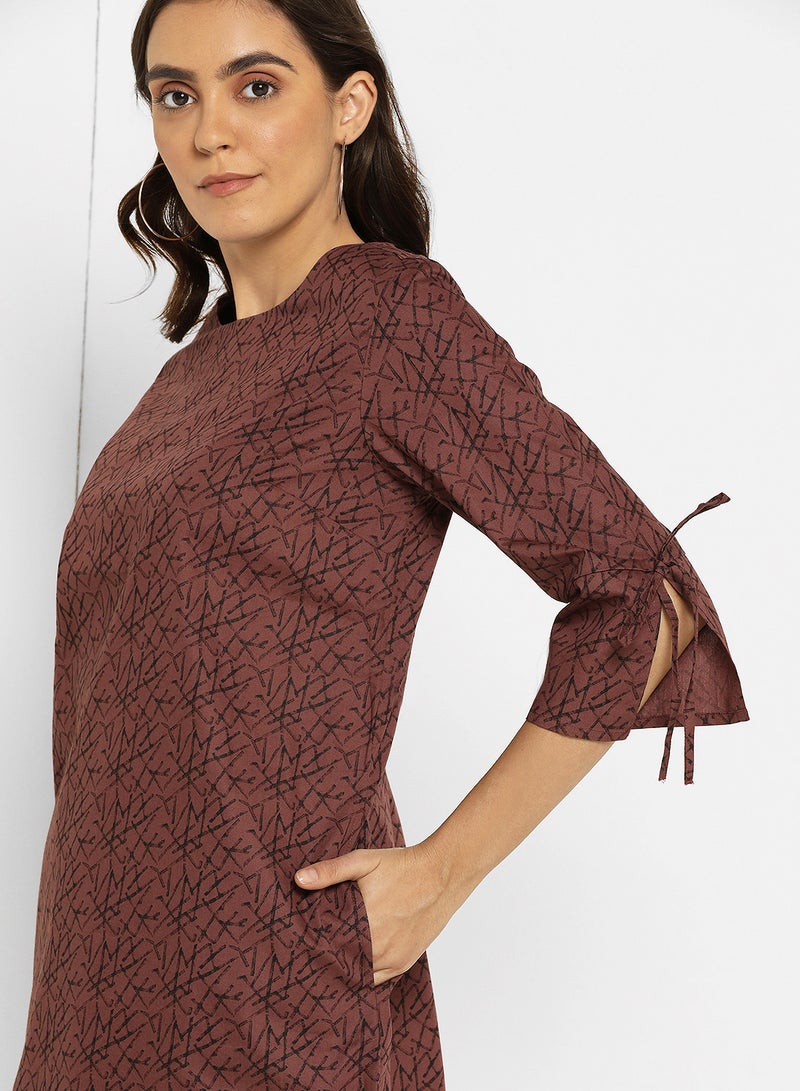 ABOF Cuff Tie Up Printed Shift Dress Brown - Image 3