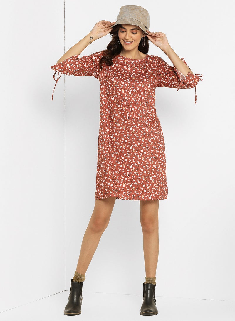 ABOF Cuff Tie Up Basic Printed Shift Dress Multicolour - Image 4
