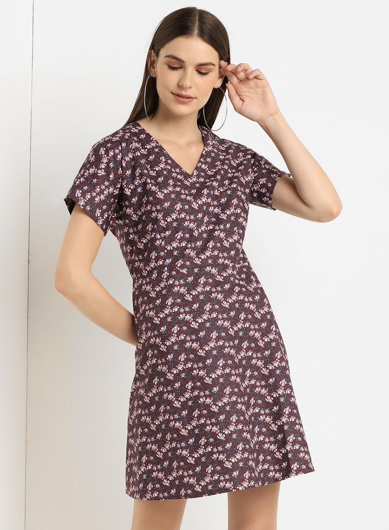 ABOF Printed V-Neck Skater Dress Multicolour - Image 1