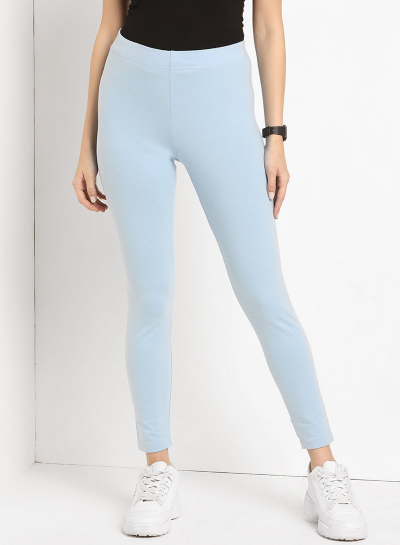 ABOF - Elastic Waist High-Rise Skinny Fit Plain Leggings Sky Blue - Image 1
