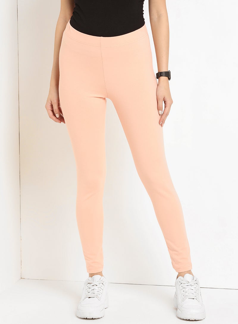 ABOF Elastic Waist High-Rise Skinny Fit Plain Leggings Peach  - Image 1