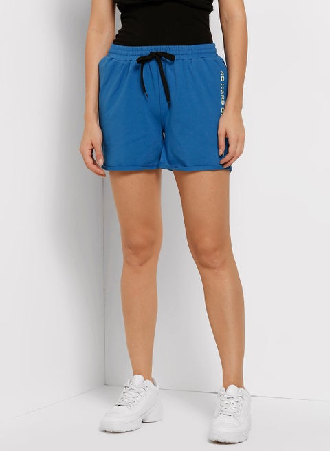 Text Print Elastic Waistband Drawstring Mid Rise Shorts Royal Blue