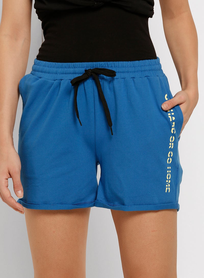 ABOF - Text Print Elastic Waistband Drawstring Mid Rise Shorts Royal Blue - Image 1