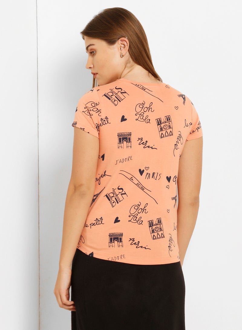 ABOF Graphic Printed Round Neck Regular Fit T-Shirt Light Orange  - Image 2