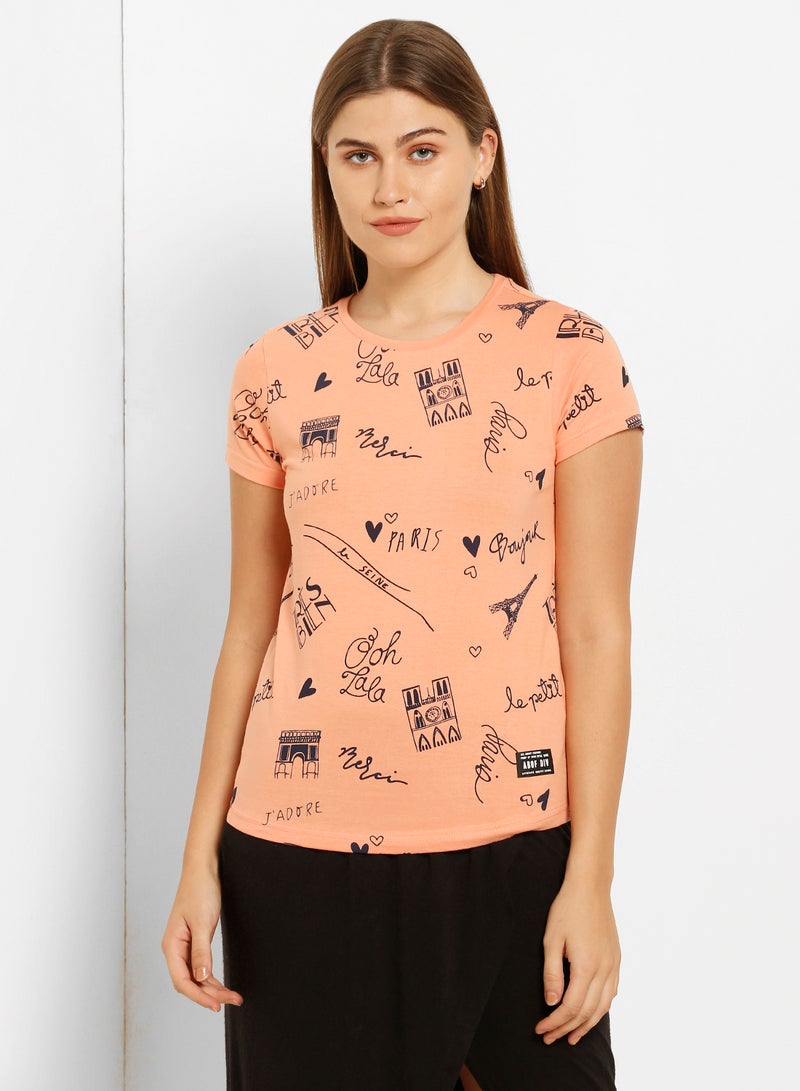 ABOF Graphic Printed Round Neck Regular Fit T-Shirt Light Orange  - Image 1