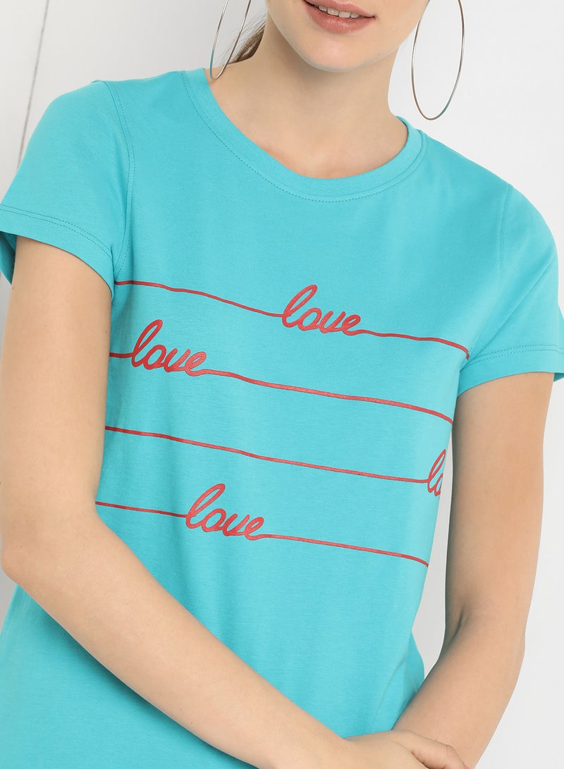 ABOF - Love Graphic Printed Regular Fit Crew Neck T-Shirt Blue - Image 1