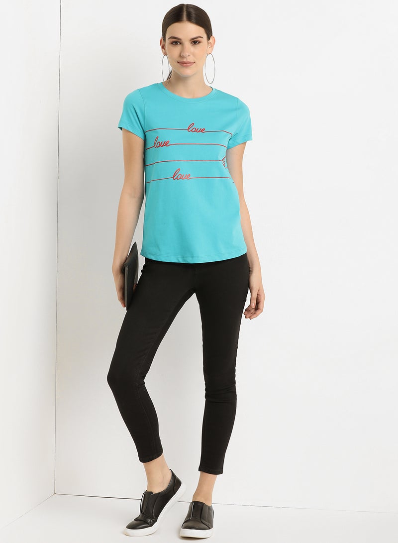 ABOF - Love Graphic Printed Regular Fit Crew Neck T-Shirt Blue - Image 1