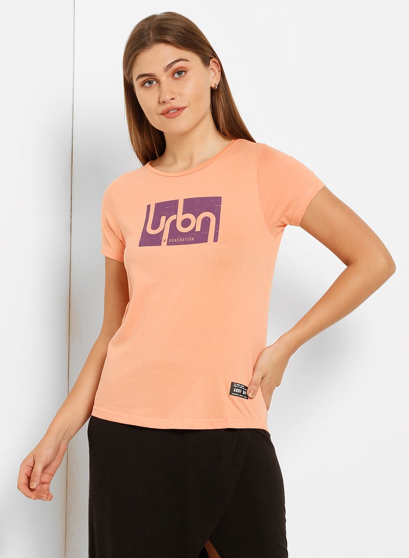 ABOF Urbn Generation Printed Round Neck T-Shirt Light Orange  - Image 1