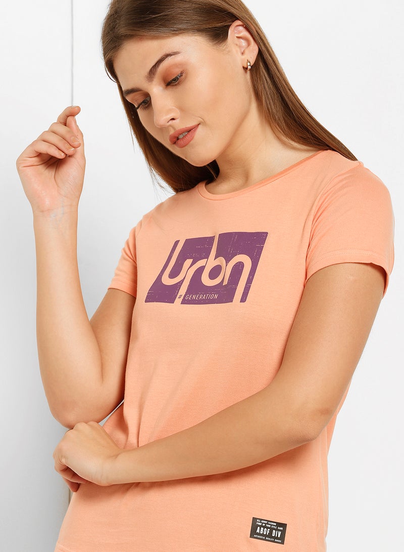 ABOF Urbn Generation Printed Round Neck T-Shirt Light Orange  - Image 3