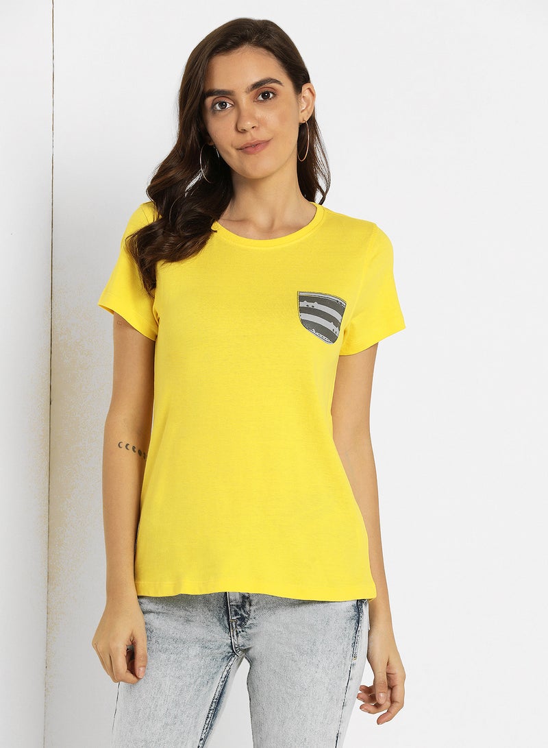 ABOF Stripe Detail Pocket Round Neck T-Shirt Yellow  - Image 1