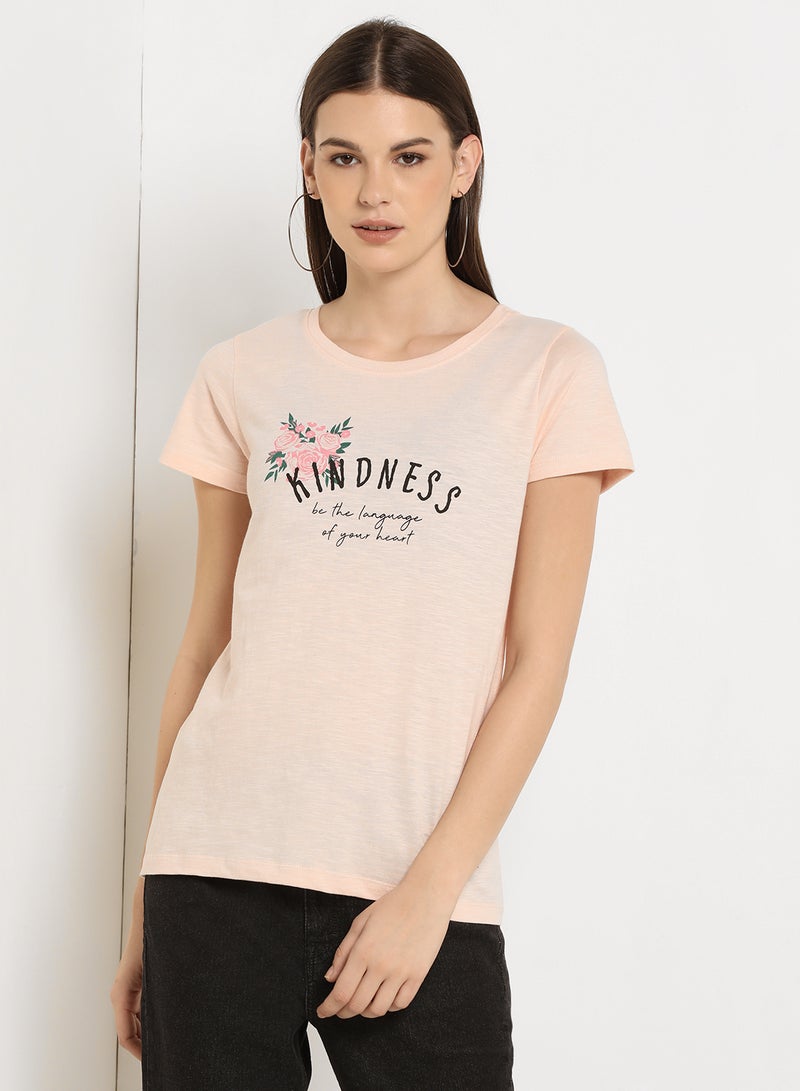 ABOF Kindness Flower Printed Round Neck T-Shirt Pink - Image 1