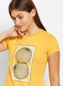 ABOF Believe And Geometric Shape Printed Regular Fit Crew Neck T-Shirt Yellow  - Image 4