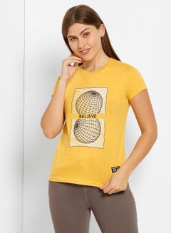 ABOF Believe And Geometric Shape Printed Regular Fit Crew Neck T-Shirt Yellow  - Image 1