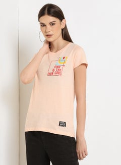 ABOF Graphic Printed Round Neck Regular Fit T-Shirt Peach Melba  - Image 1