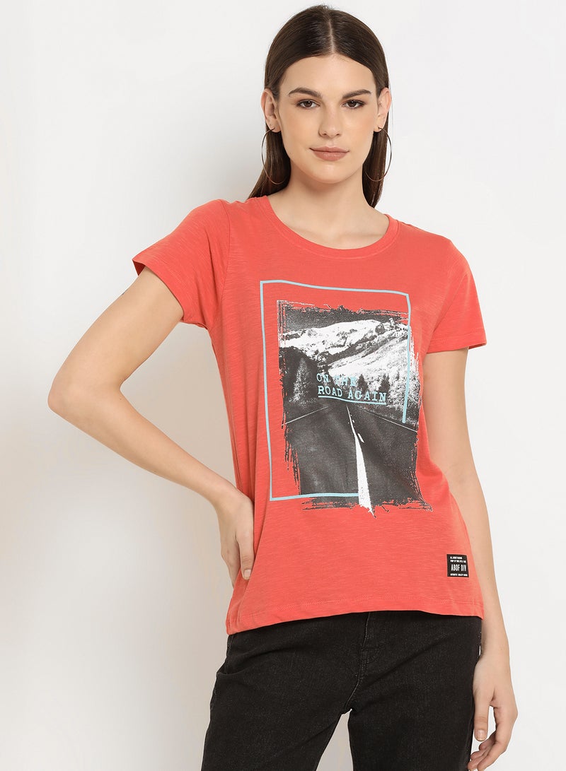 ABOF On The Road Again Graphic Printed Regular Fit Round Neck T-Shirt Orange  - Image 1
