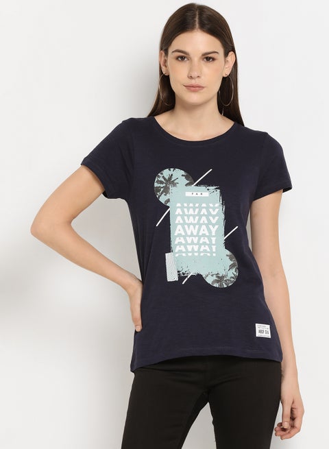 Graphic Printed Round Neck Regular Fit T-Shirt Blue