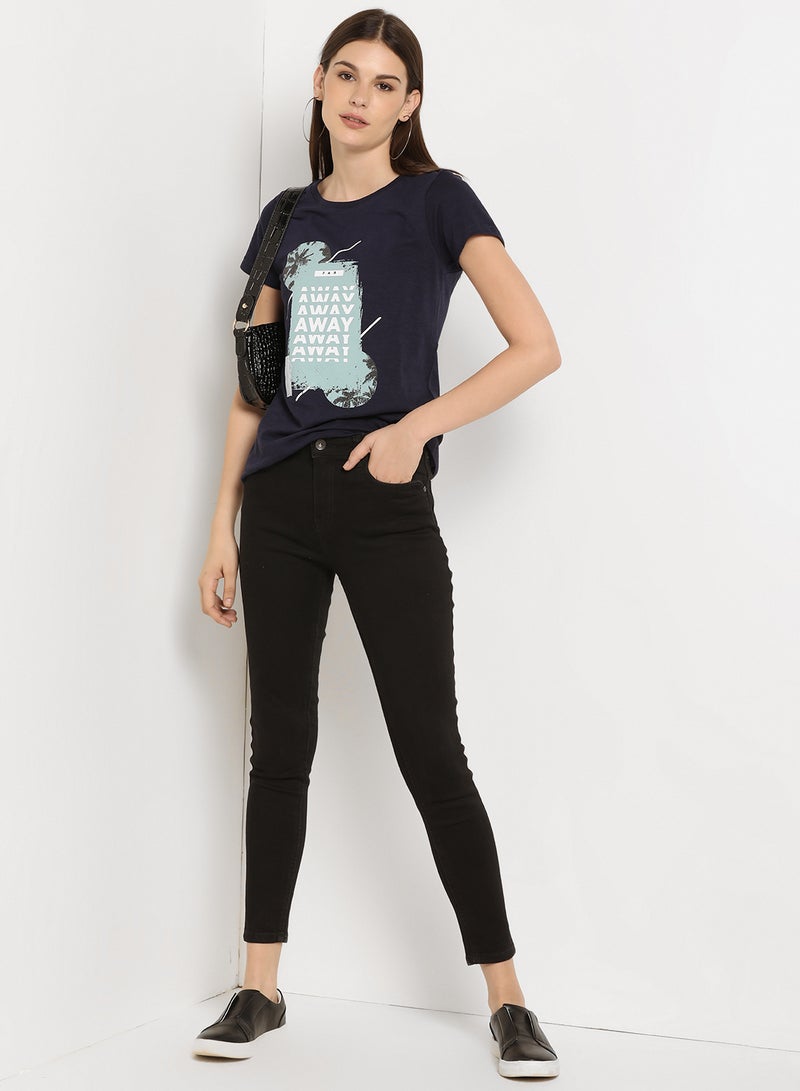 ABOF - Graphic Printed Round Neck Regular Fit T-Shirt Blue - Image 1