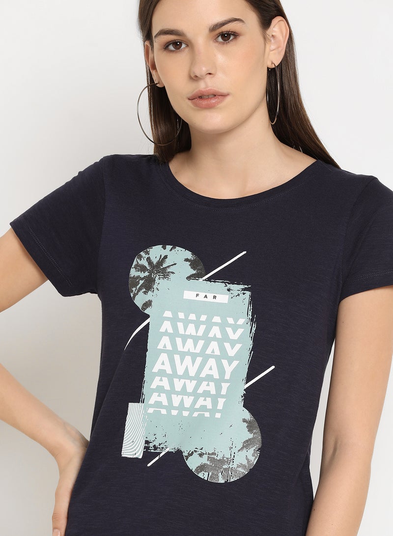 ABOF - Graphic Printed Round Neck Regular Fit T-Shirt Blue - Image 1