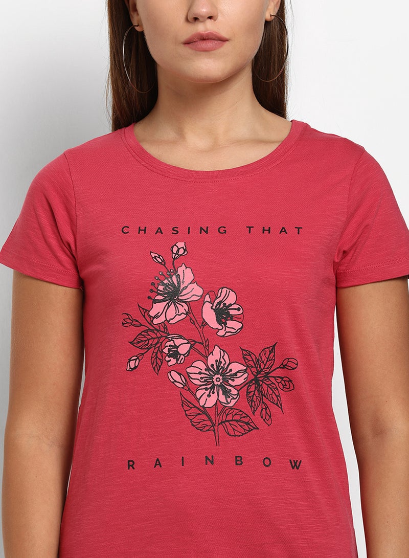 ABOF Floral Printed Regular Fit Round Neck T-Shirt Red  - Image 4