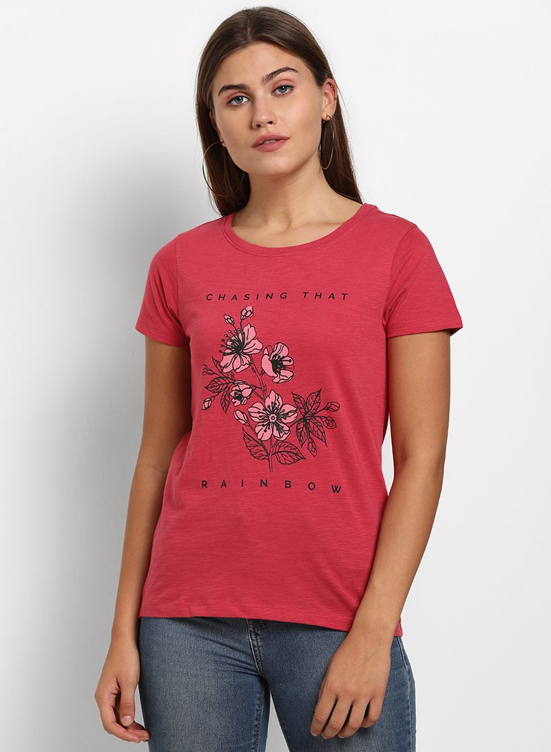 ABOF Floral Printed Regular Fit Round Neck T-Shirt Red  - Image 1