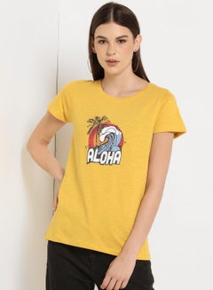 ABOF Regular Fit Round Neck Aloha Graphic Printed T-Shirt Mustard  - Image 1
