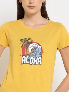 ABOF Regular Fit Round Neck Aloha Graphic Printed T-Shirt Mustard  - Image 4