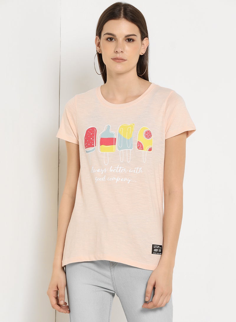 Graphic Printed Round Neck Regular Fit T-Shirt Cloud Pink