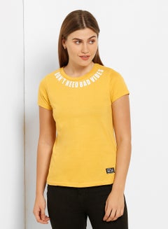 ABOF Don't Need Bad Vibes Printed Regular Fit Crew Neck T-Shirt Yellow  - Image 1