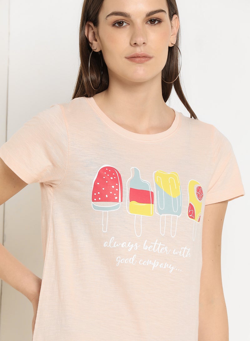 Graphic Printed Round Neck Regular Fit T-Shirt Cloud Pink
