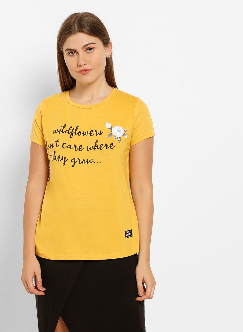 ABOF Wild Flowers Do Not Care Where They Grow Slogan Printed Regular Fit Crew Neck T-Shirt Yellow - Image 1