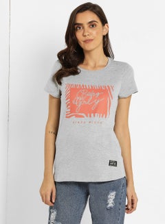 ABOF Graphic Printed Regular Fit Crew Neck T-Shirt Grey/Orange  - Image 1