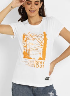 ABOF Graphic Print Crew Neck Regular Fit T-Shirt Egret/White  - Image 3