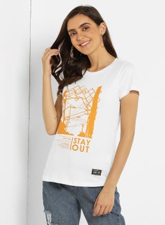 ABOF Graphic Print Crew Neck Regular Fit T-Shirt Egret/White  - Image 1