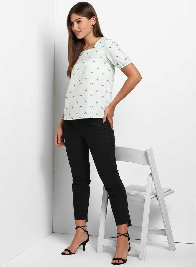 ABOF Printed Square Neck Short Sleeve Top Sea Green  - Image 3