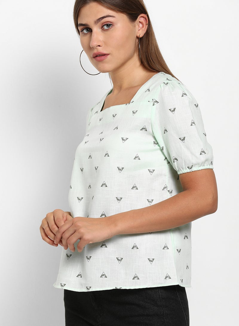 ABOF Printed Square Neck Short Sleeve Top Sea Green  - Image 4