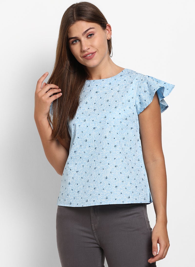 ABOF Casual Round Neck Printed Top Blue  - Image 1