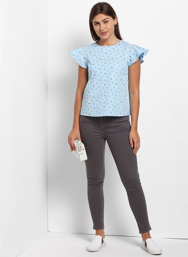 ABOF Casual Round Neck Printed Top Blue  - Image 4